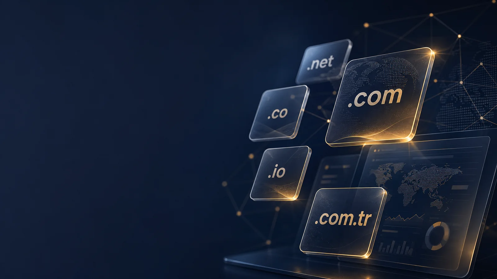 Domain uzantılarını ve dijital domain pazarını gösteren premium görsel